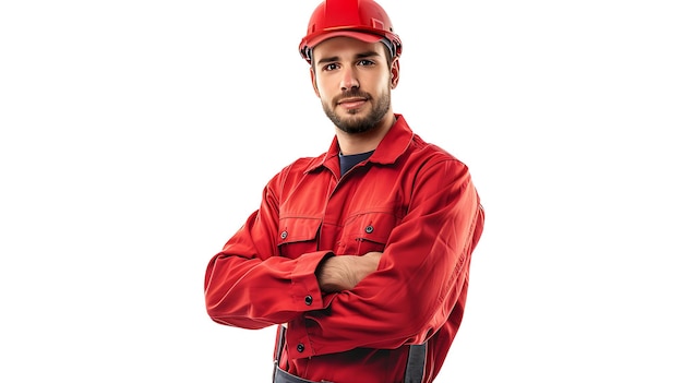 Un joven trabajador de la construcción que lleva un sombrero rojo y un mono rojo está de pie con los brazos cruzados mirando a la cámara