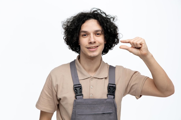 Un joven trabajador de la construcción sonriente con uniforme mirando a la cámara mostrando un pequeño gesto aislado de fondo blanco