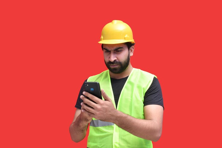 Foto joven trabajador de la construcción sosteniendo el teléfono con ambas manos modelo paquistaní indio
