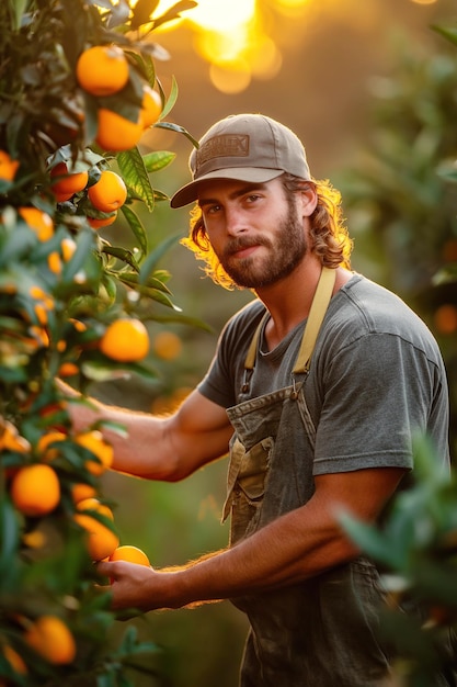 joven trabajador cosecha mandarinas naranjas maduras en una plantación en una granja en el jardín