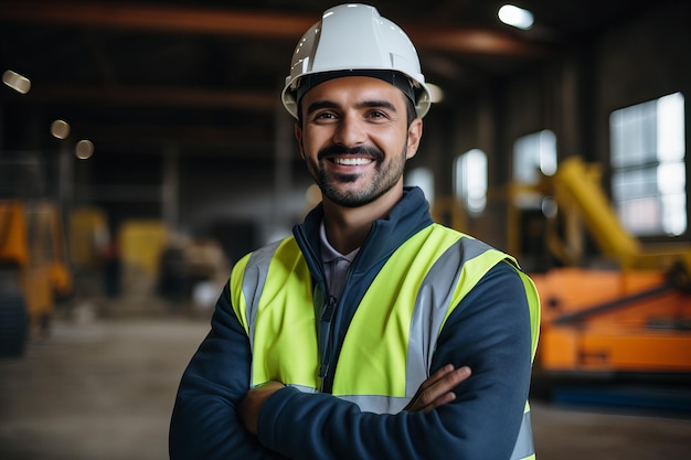 Joven trabajador de fábrica hispano sonriente con chaqueta azul y chaleco reflectante verde