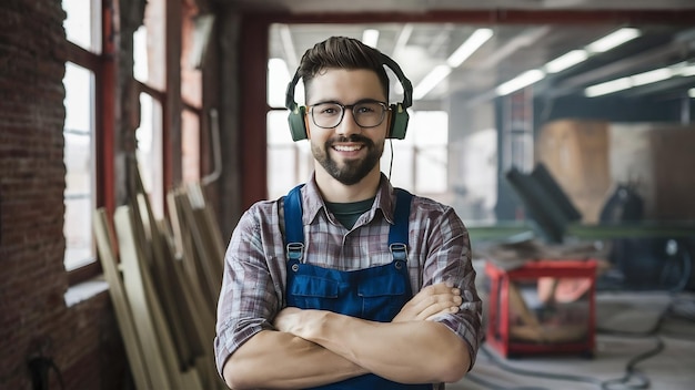 Joven trabajador manual con auriculares de seguridad