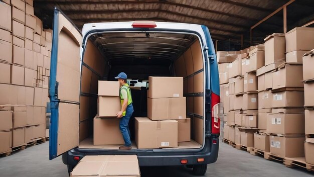 Un joven trabajador manual descargando cajas de cartón de una furgoneta de reparto