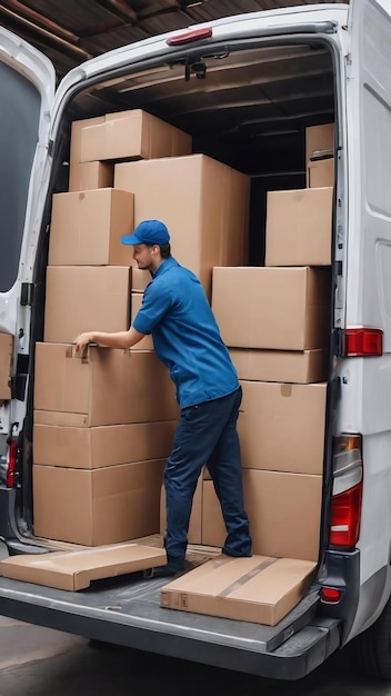 Un joven trabajador manual descargando cajas de cartón de una furgoneta de reparto