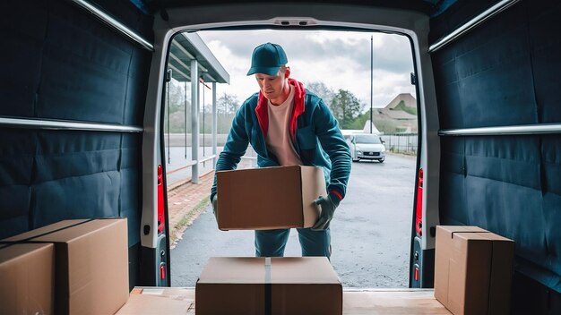 Un joven trabajador manual descargando cajas de cartón de una furgoneta de reparto