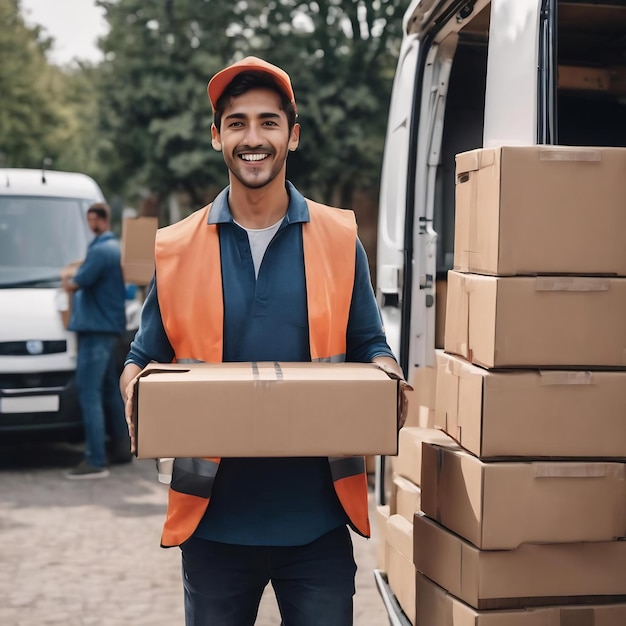 Joven trabajador manual feliz llevando cajas de cartón en la furgoneta de entrega mientras se comunica con su colega