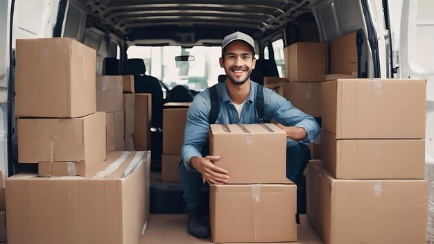 Joven trabajador manual feliz que lleva cajas de cartón en la furgoneta de entrega mientras se comunica con su colega