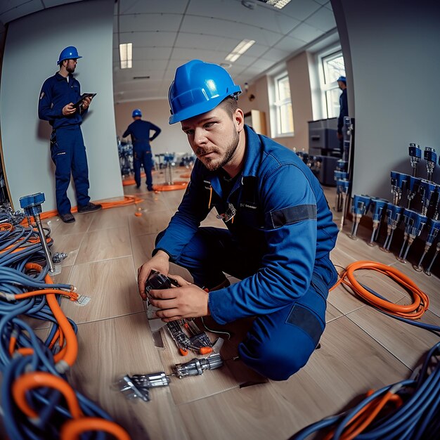 Joven trabajador de pie de rodillas