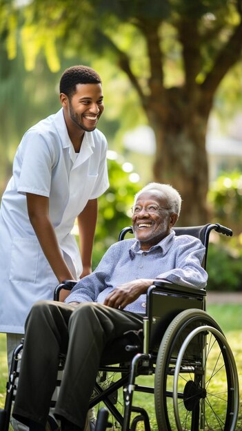 Foto joven trabajador de la salud hablando con un hombre mayor afroamericano que está sentado en silla de ruedas en el