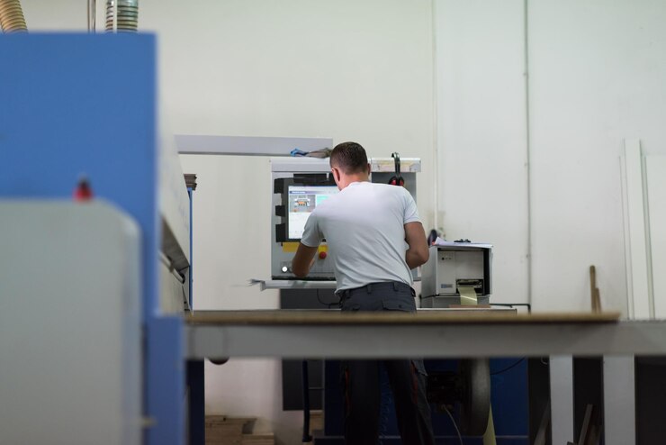 Foto joven trabajador trabaja en una fábrica para la producción de muebles de madera.