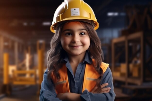 Joven trabajadora de la construcción con en la construcción de una casa