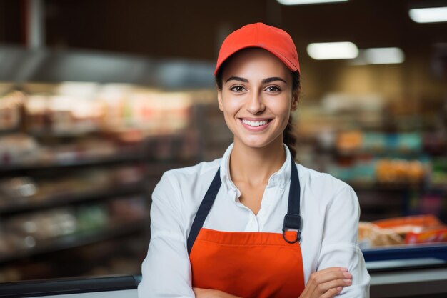 Foto una joven trabajadora de un supermercado sonriente mirando a la cámara