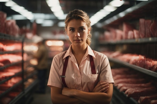 Una joven trabajadora en un uniforme de trabajo está en una tienda de carne