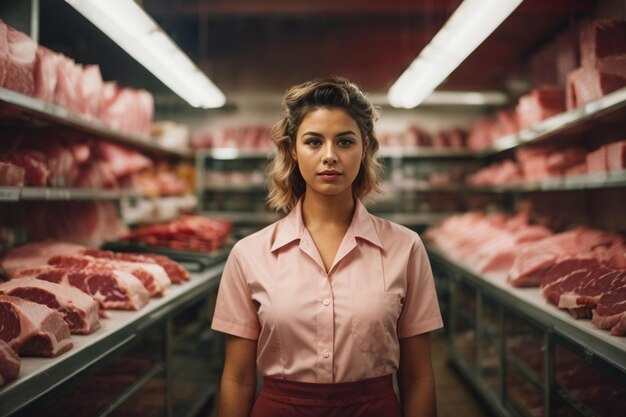 Una joven trabajadora en un uniforme de trabajo está en una tienda de carne