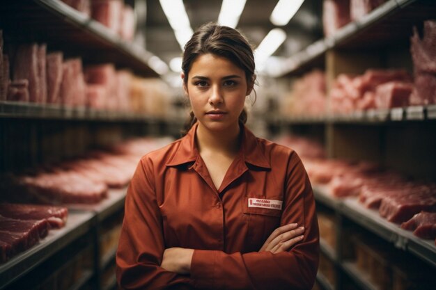 Foto una joven trabajadora en un uniforme de trabajo está en una tienda de carne