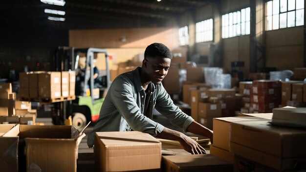 Joven trabajando en un almacén con cajas