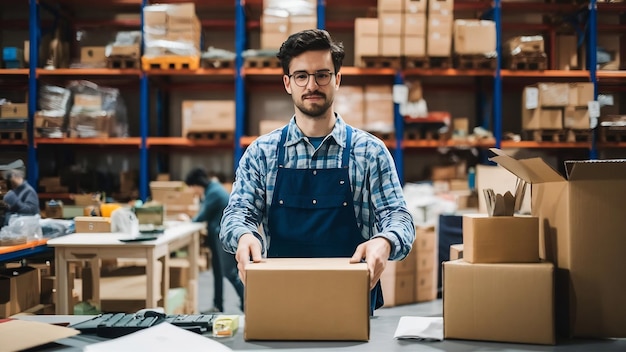 Joven trabajando en un almacén con cajas