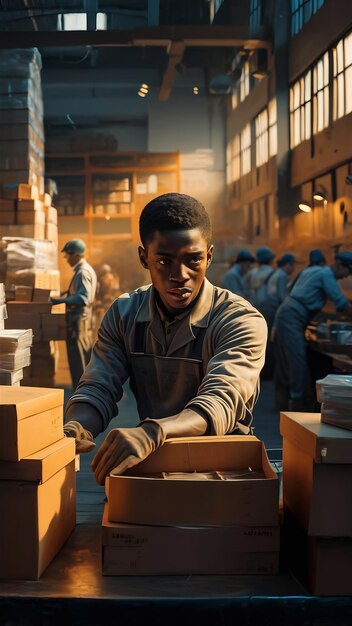 Joven trabajando en un almacén con cajas