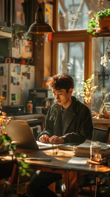 Joven trabajando en una computadora portátil en una acogedora cafetería con iluminación cálida