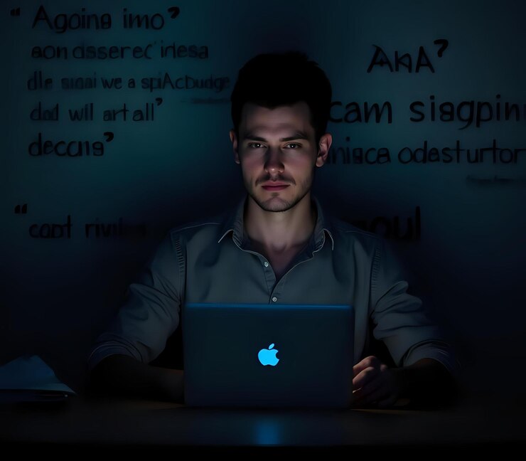 Foto joven trabajando en una computadora portátil desde el piso de la vista superior