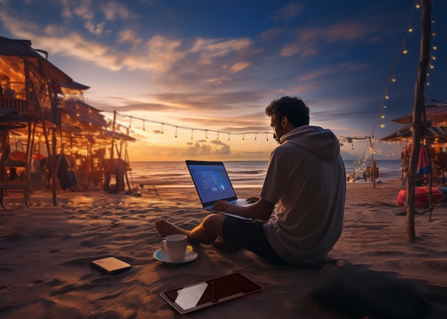 un joven trabajando en una computadora portátil sentado en la playa nómada digital de trabajo remoto