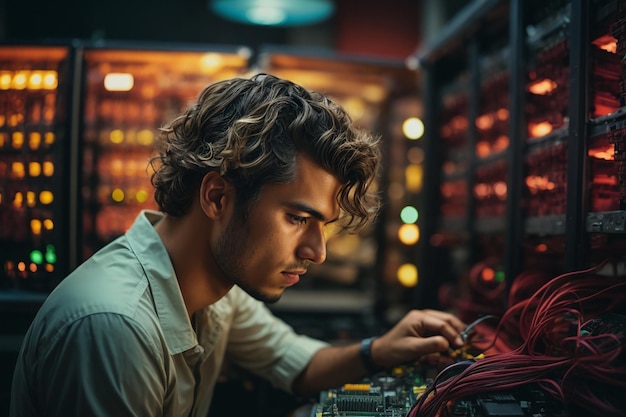 Joven trabajando en un conmutador de ethernet