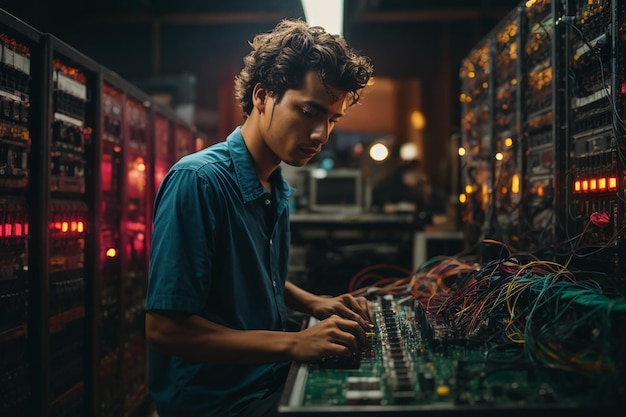 Joven trabajando en un conmutador de ethernet