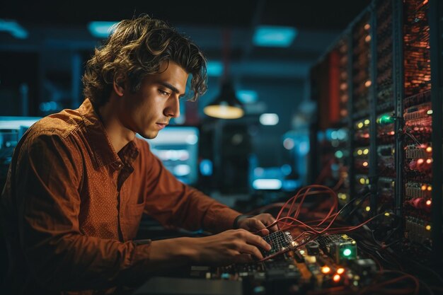 Joven trabajando en un conmutador de ethernet