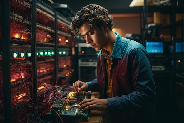 Joven trabajando en un conmutador de ethernet