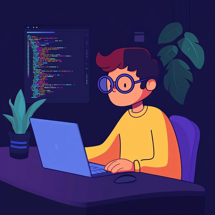 Foto un joven trabajando en su portátil con un código en la pantalla detrás de él