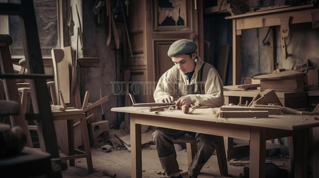 Joven trabajando en taller de muebles con cepilladora de madera con determinación IA generativa AIG21