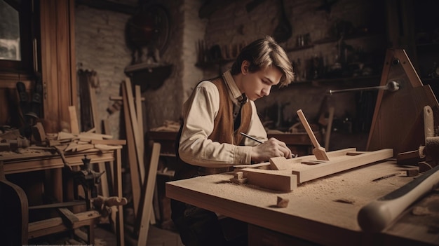 Joven trabajando en taller de muebles con cepilladora de madera con determinación IA generativa AIG21