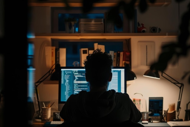 Joven trabajando hasta tarde en la noche en su oficina usando computadora y teléfono móvil un hombre está programando