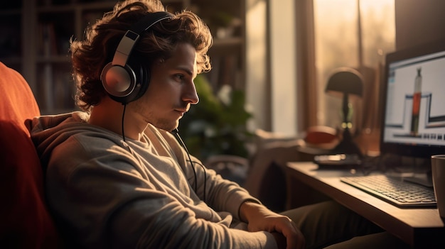 joven trabajo feliz desde casa y durante el día