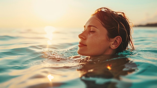 joven en traje de baño relajándose en la piscina durante la puesta de sol