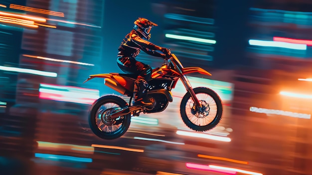 Un joven con un traje de motocross negro y naranja está montando su bicicleta de tierra a través de una ciudad por la noche