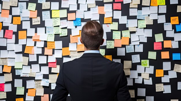 Un joven en un traje de negocios está de espaldas a una pared colgada con pegatinas coloridas con tareas inacabadas