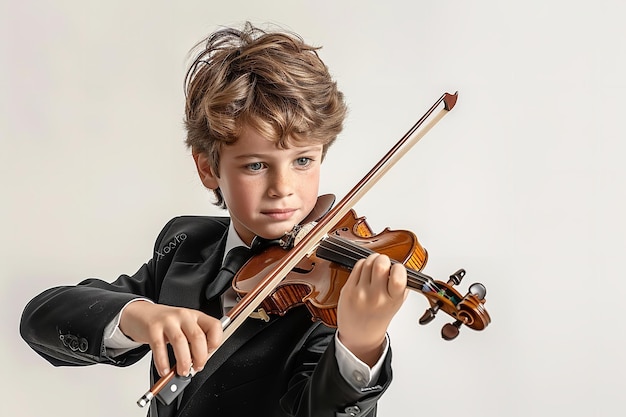 Un joven con un traje negro surgió tocando el violín sobre un escenario blanco.