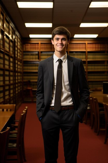 un joven en un traje de pie frente a una fila de libros