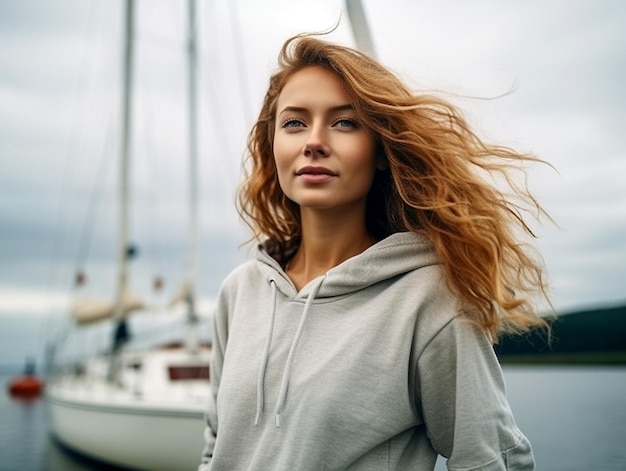 Una joven tranquila admirando la naturaleza mientras está de pie en un velero