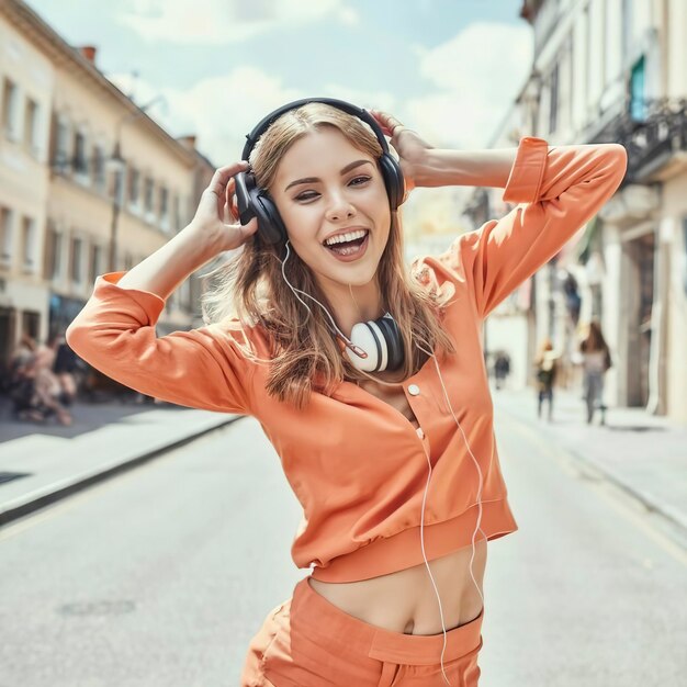 Joven tranquila y feliz mujer hipster baila divirtiéndose con elegantes auriculares de moda