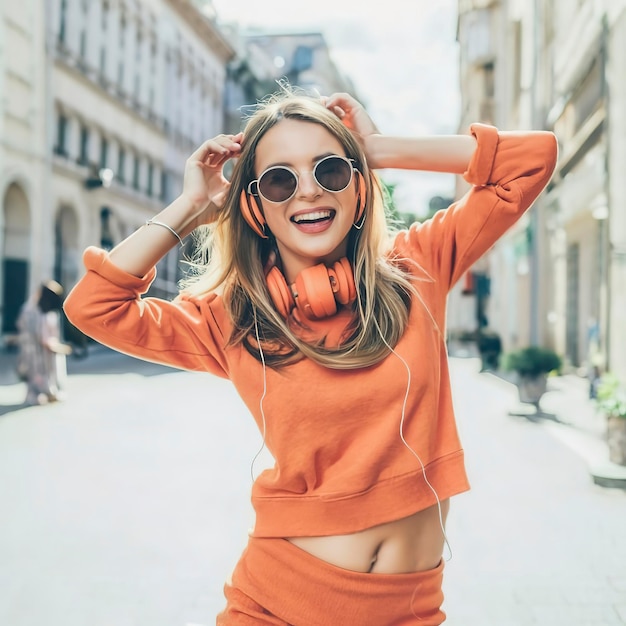 Joven tranquila y feliz mujer hipster baila divirtiéndose con elegantes auriculares de moda