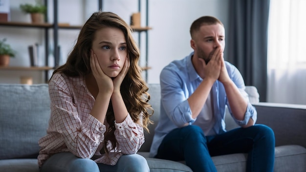 Una joven triste y pensativa pensando en los problemas de las relaciones sentada en el sofá con un novio ofendido.