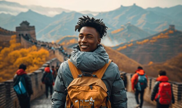 Joven turista afroamericano con mochila en la Gran Muralla China