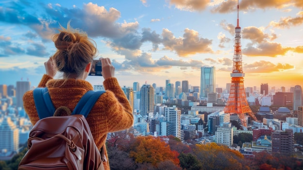 Una joven turista captura la impresionante vista del horizonte de la ciudad y la famosa torre al atardecer