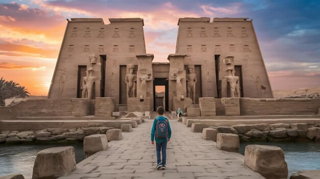 Un joven turista entrando en el templo de Edfu en la ciudad de Edfu al atardecer Egipto