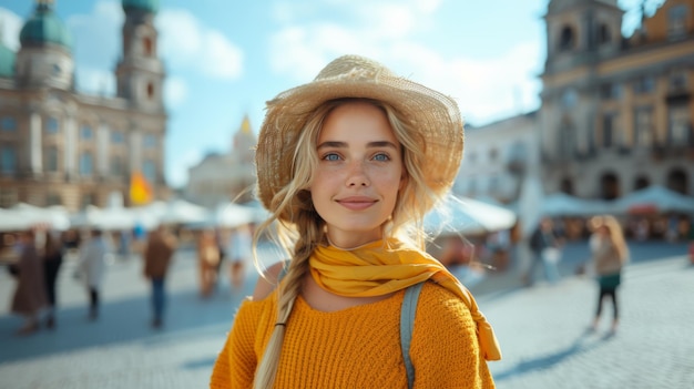 Una joven turista explora una plaza de una ciudad europea