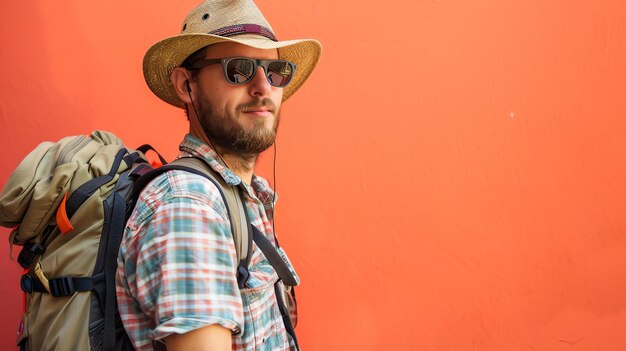 Un joven turista de sexo masculino con un sombrero, gafas de sol y una mochila se encuentra frente a una pared de color naranja brillante