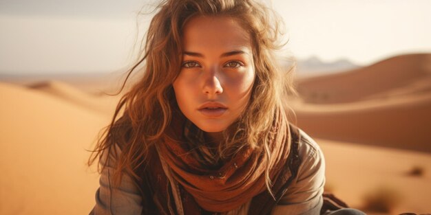 Una joven turista se sienta en las dunas de arena bajo el sol abrasador en la arena AI generativa