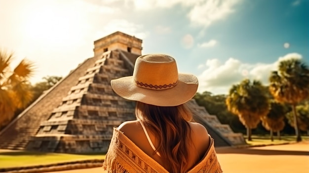 Una joven turista con un sombrero se encuentra